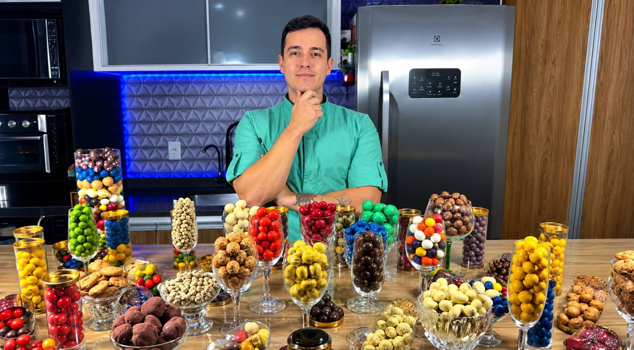 Gustavo Ono na cozinha, atrás de uma mesa cheia de taças de drágeas e trufas